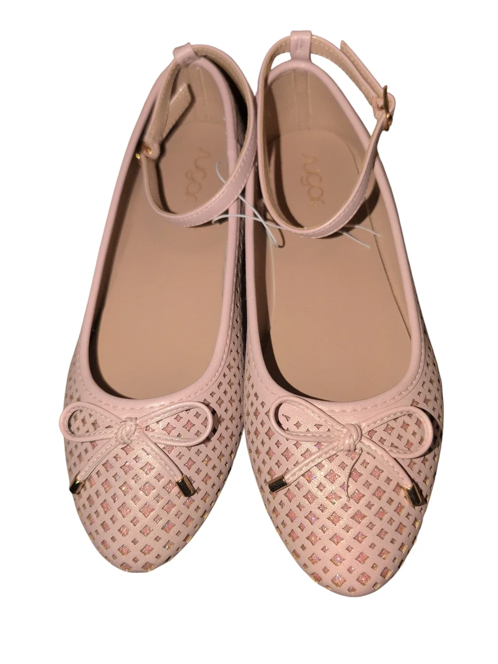 Sugar Rose Gold Pink Ankle-Strap Perforated Ballet Flats Big Girl Size 5